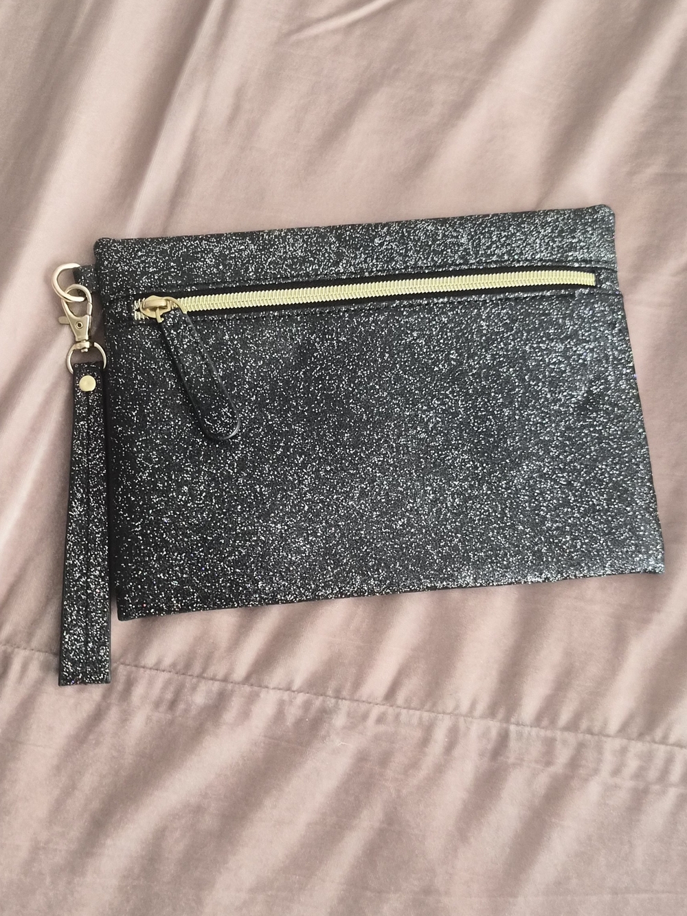 Black Glitter Wristlet Clutch with Gold Zip